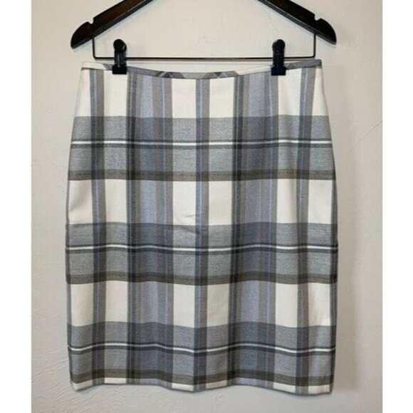 Katherine Kelly Plaid Pencil Skirt Womens Size 8 Gray Cream Lined Zip Back - Picture 1 of 11
